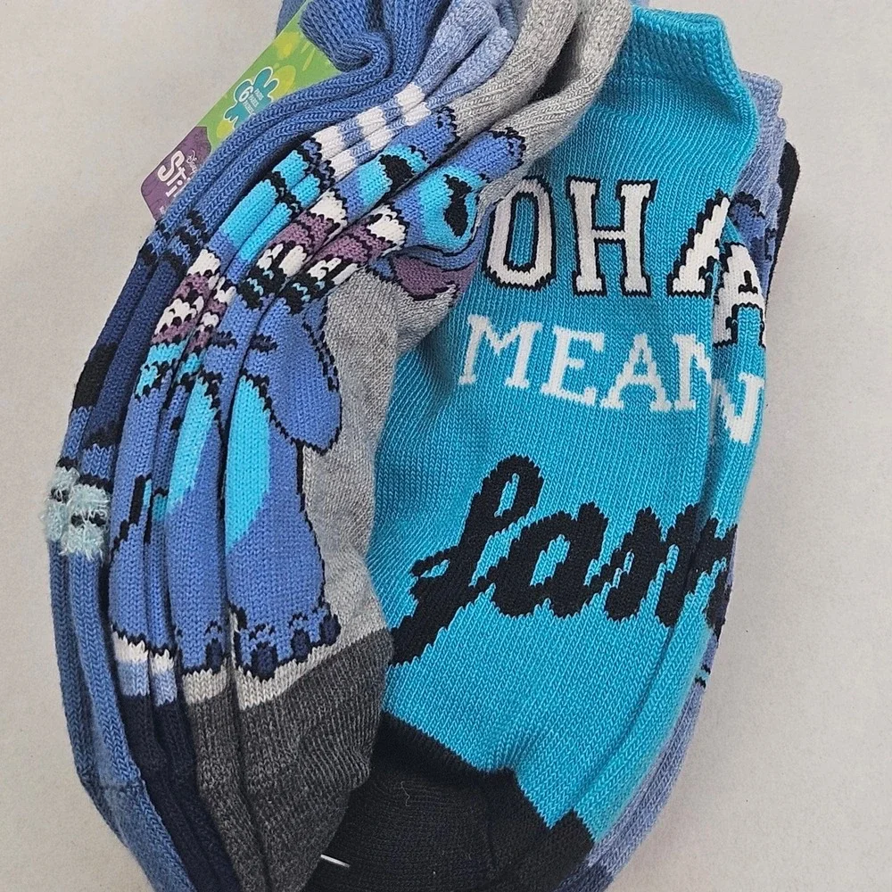 Disney Stitch Kids No Show Socks 6 Pair Pack Character Print Blue Shoe Size 4-10
